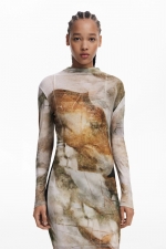 Rochie midi casual cu imprimeu Arty și guler înalt