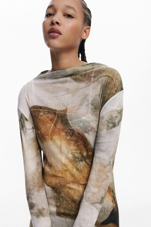 Rochie midi casual cu imprimeu Arty și guler înalt