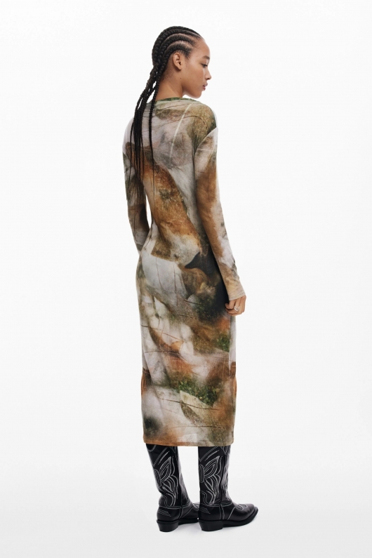 Rochie midi casual cu imprimeu Arty și guler înalt
