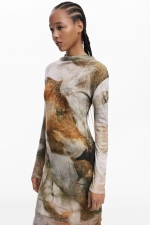 Rochie midi casual cu imprimeu Arty și guler înalt