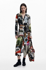 Rochie lungă multicoloră tip cămașă cu curea