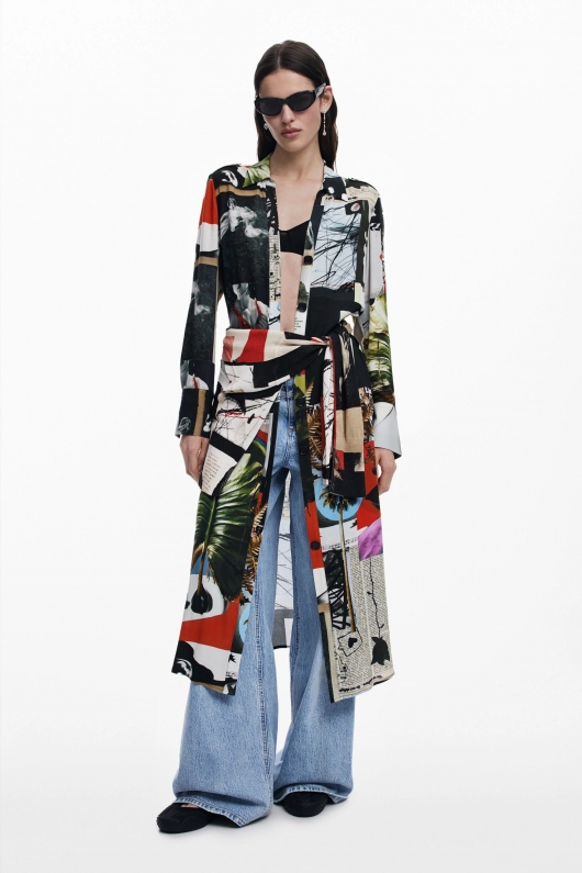 Rochie lungă multicoloră tip cămașă cu curea