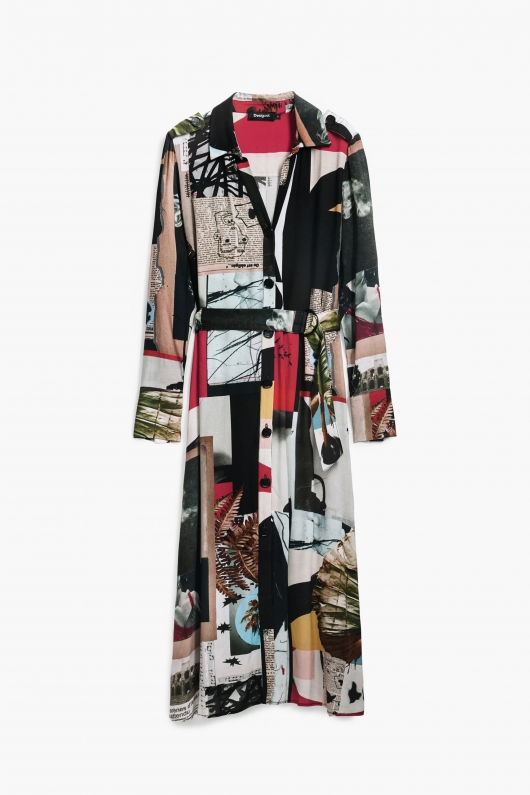 Rochie lungă multicoloră tip cămașă cu curea