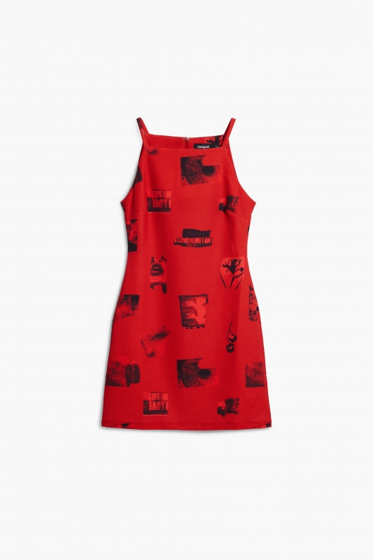 Rochie scurtă roșie cu imprimeu carte poștală