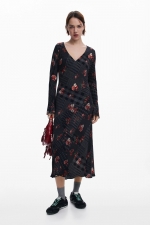 Rochie midi fluidă cu imprimeu carouri și flori