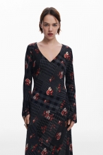 Rochie midi fluidă cu imprimeu carouri și flori