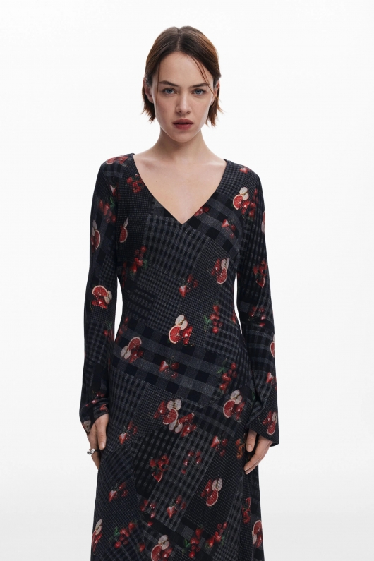 Rochie midi fluidă cu imprimeu carouri și flori