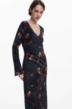 Rochie midi fluidă cu imprimeu carouri și flori
