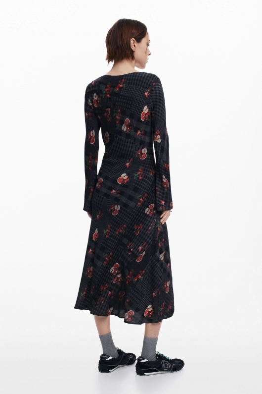 Rochie midi fluidă cu imprimeu carouri și flori