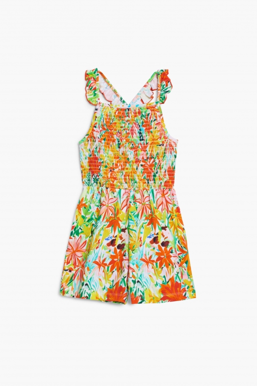 Salopetă scurtă cu print floral și volane