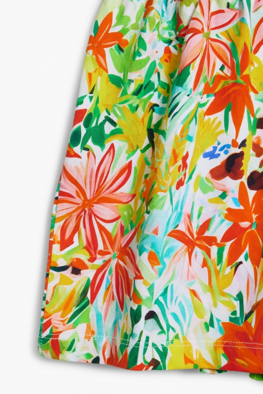 Salopetă scurtă cu print floral și volane