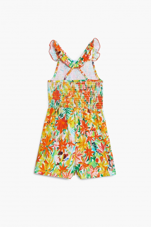 Salopetă scurtă cu print floral și volane