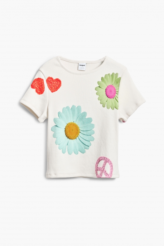 Tricou alb cu imprimeu floral și mâneci scurte