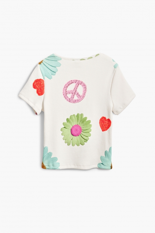 Tricou alb cu imprimeu floral și mâneci scurte