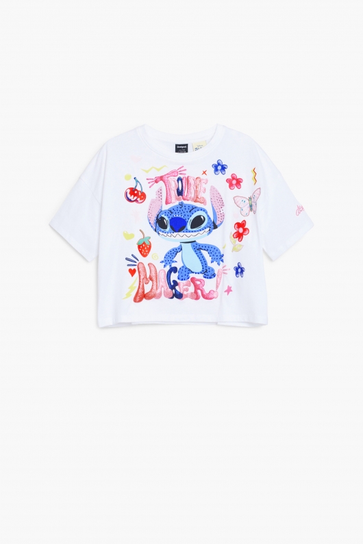 Tricou alb cropped cu imprimeu Stitch™