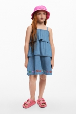Rochie scurtă denim cu volane și broderie