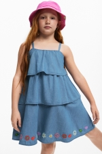 Rochie scurtă denim cu volane și broderie