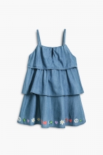 Rochie scurtă denim cu volane și broderie