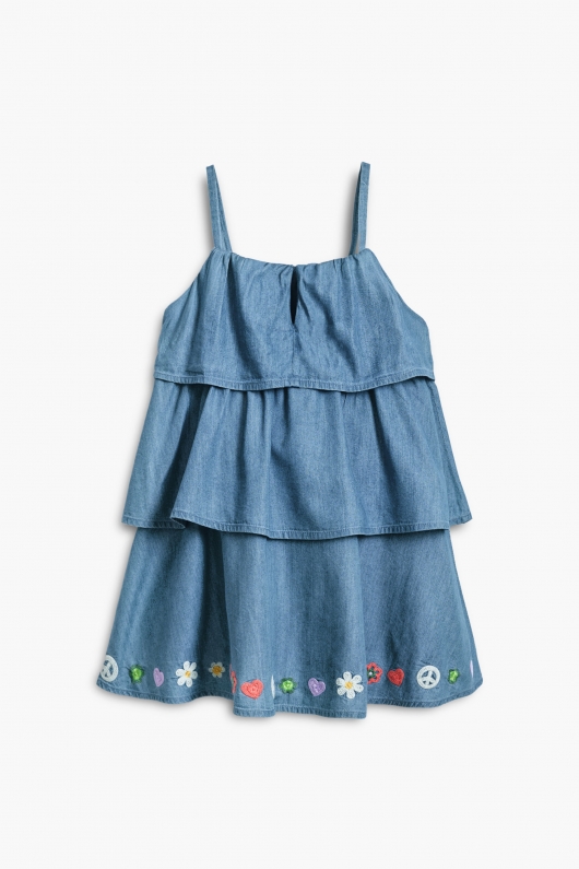 Rochie scurtă denim cu volane și broderie
