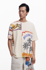 Tricou crem cu imprimeu tropical și mâneci scurte
