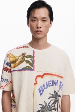 Tricou crem cu imprimeu tropical și mâneci scurte