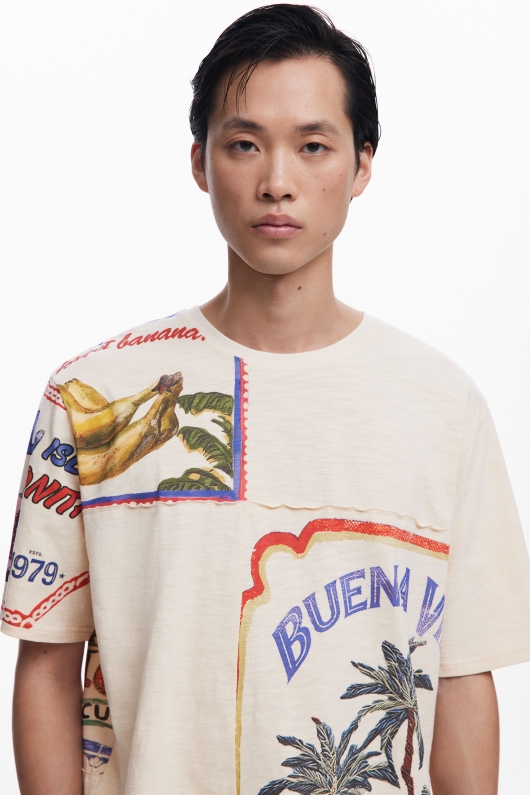 Tricou crem cu imprimeu tropical și mâneci scurte