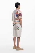 Tricou crem cu imprimeu tropical și mâneci scurte
