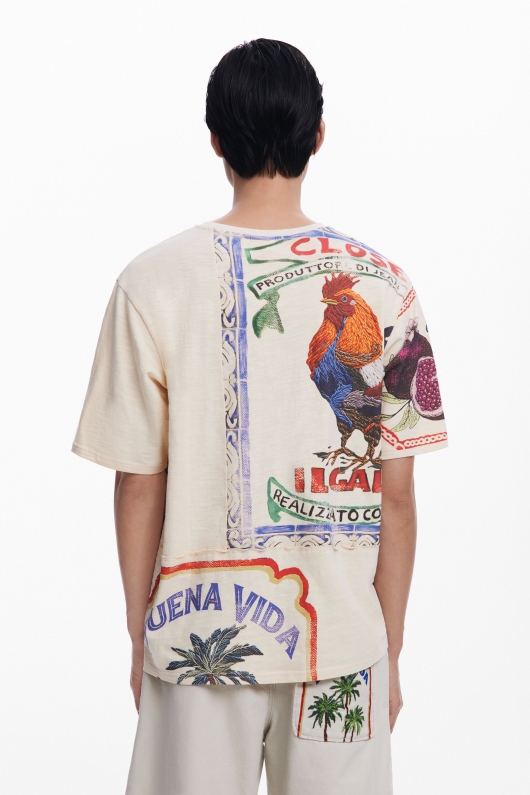 Tricou crem cu imprimeu tropical și mâneci scurte