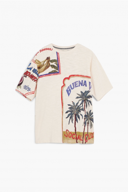 Tricou crem cu imprimeu tropical și mâneci scurte