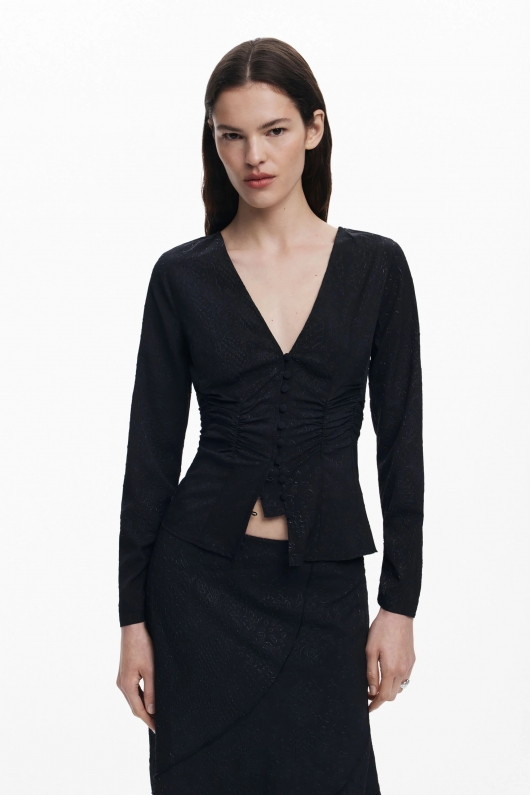 Cămașă neagră elegantă din dantelă cu fronseuri