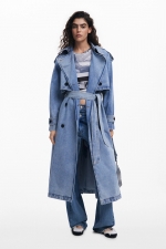 Trench lung din denim albastru cu curea