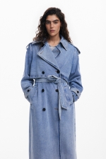 Trench lung din denim albastru cu curea