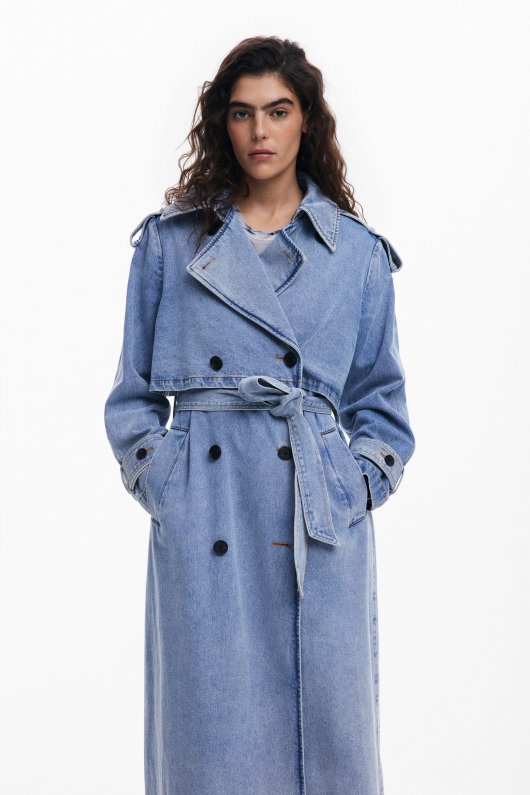 Trench lung din denim albastru cu curea
