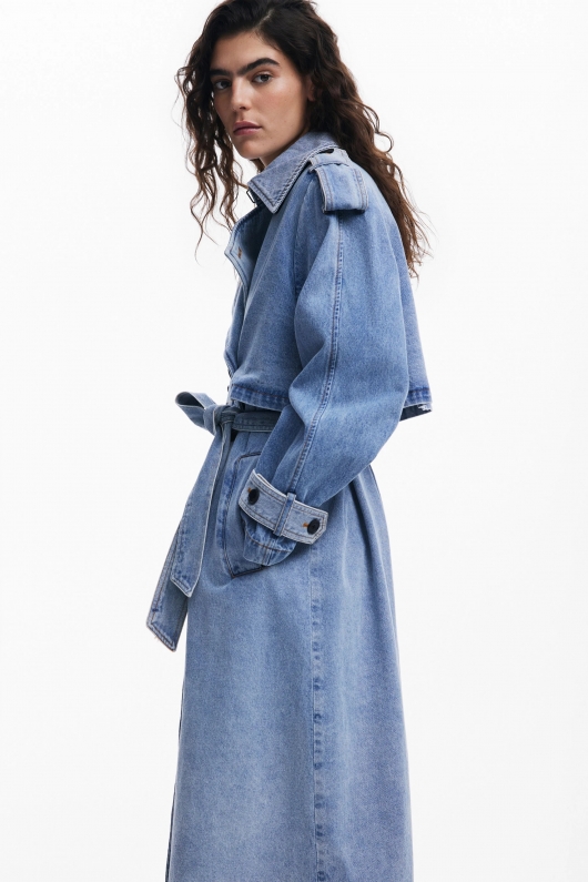 Trench lung din denim albastru cu curea
