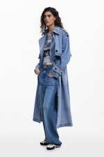 Trench lung din denim albastru cu curea