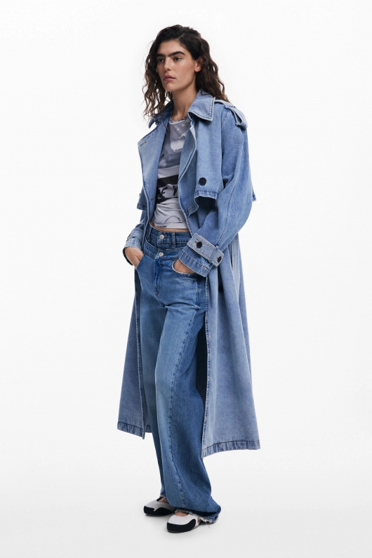 Trench lung din denim albastru cu curea