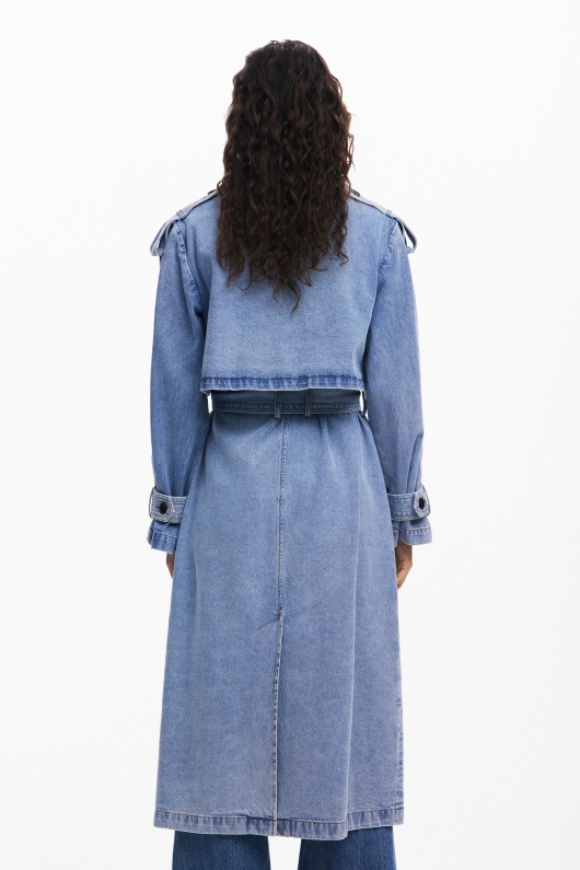 Trench lung din denim albastru cu curea