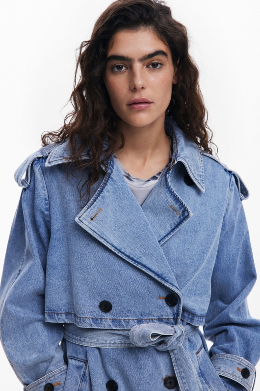 Trench lung din denim albastru cu curea