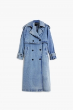 Trench lung din denim albastru cu curea