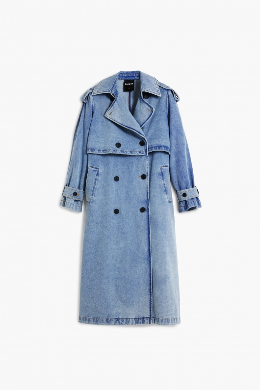 Trench lung din denim albastru cu curea