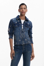 Jachetă scurtă denim albastru cu broderie