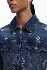 Jachetă scurtă denim albastru cu broderie