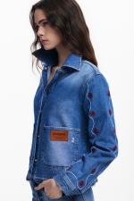Jachetă denim albastru cu broderie florală