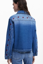 Jachetă denim albastru cu broderie florală