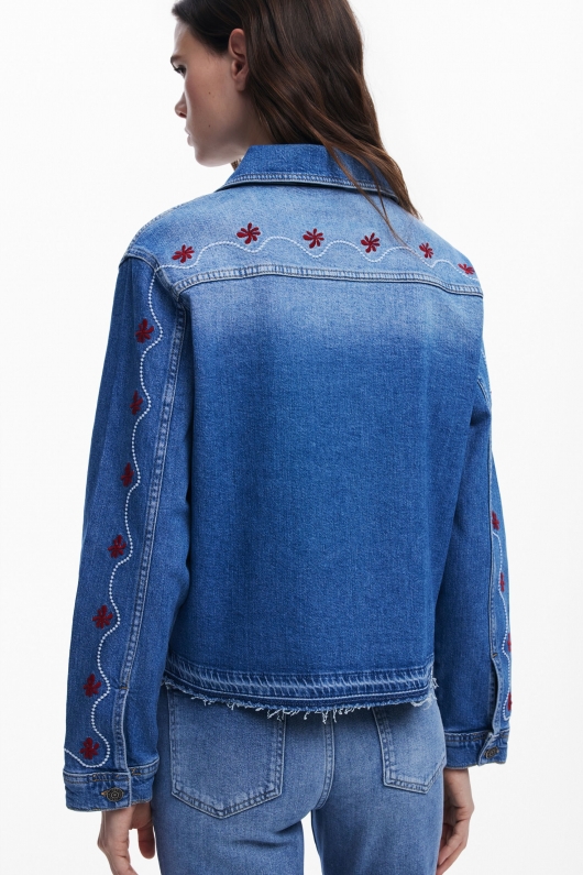Jachetă denim albastru cu broderie florală