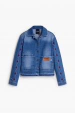 Jachetă denim albastru cu broderie florală