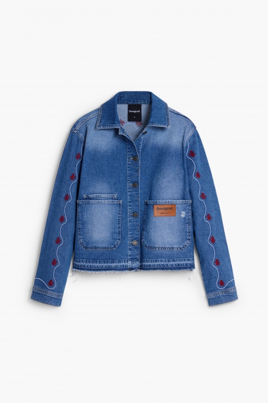 Jachetă denim albastru cu broderie florală