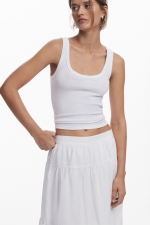 Fustă midi albă cu broderie și talie elastică