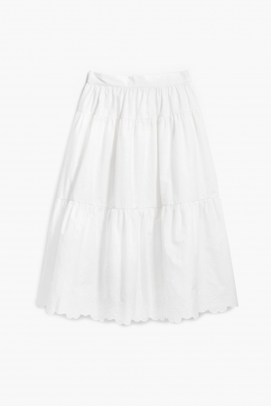 Fustă midi albă cu broderie și talie elastică