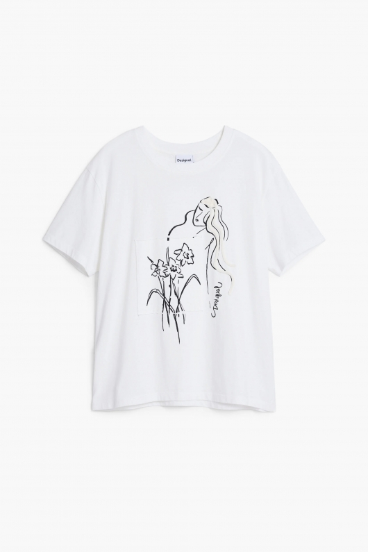 Tricou alb cu imprimeu floral și dantelă